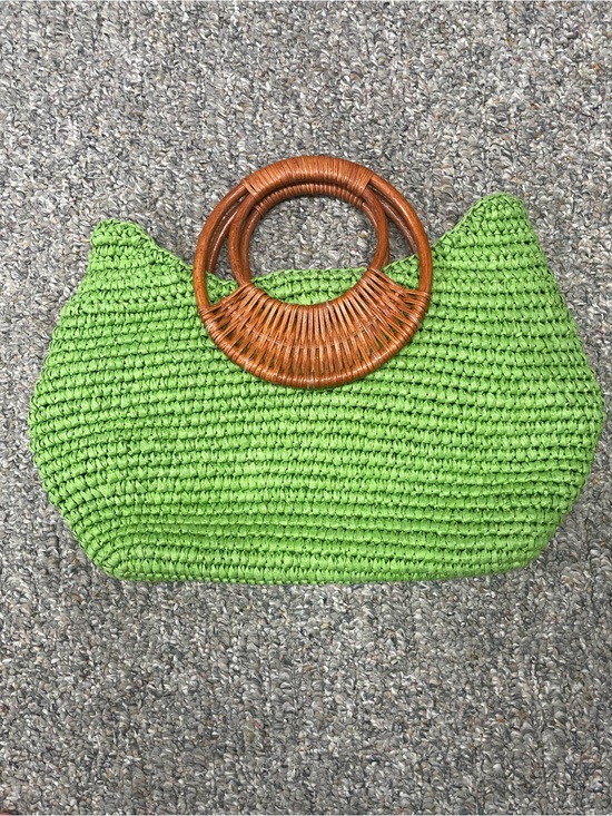 Straw Studios Handbags - Green Woven Straw Tote with Brown Rattan Handles